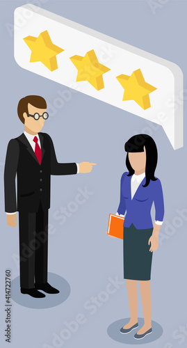 People work with star rating system. Colleagues discussing assessment vector illustration. Businessmen communicate and work. Business meeting cartoon characters evaluating data and personnel