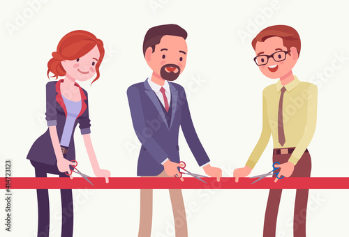 Red ribbon cutting ceremony for business people. Grand opening special event, official start of brand-new project or show, presentation and promotion. Vector flat style cartoon illustration