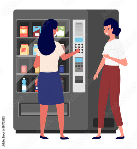 Business women communicating during coffee break. Colleagues isolated on white background. Woman in mask near the food vending machine is buying a drink. The girl is standing and talking to her friend