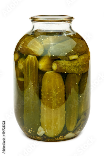 on a white background glass jar with cucumbers