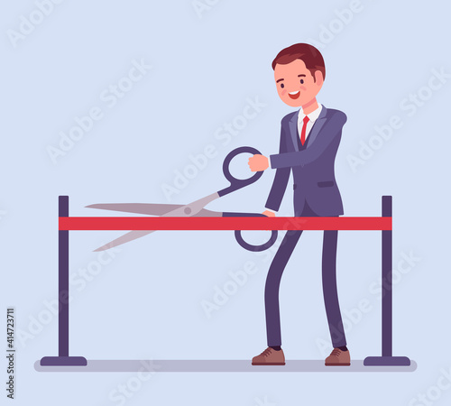 Ribbon cutting ceremony with giant scissors by young businessman. Man starting business, launching new products, project opening event or commercial promotion. Vector flat style cartoon illustration