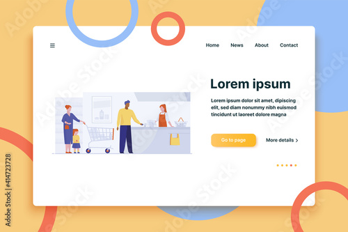 Queue at checkout in supermarket. Customers, cashier, check register flat vector illustration. Shopping, grocery store, payment concept for banner, website design or landing web page