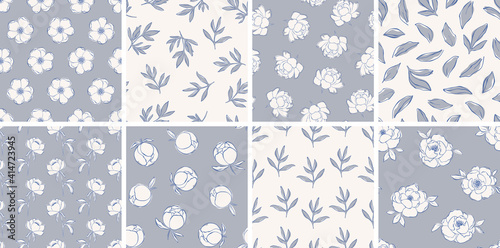 Set of line art seamless patterns with peony flowers. Collection of delicate vector patterns for wedding design, romantic holidays. Line art floral backdrop. Botanical patterns collection