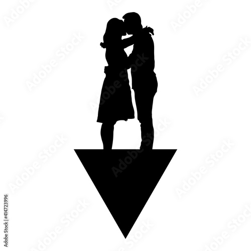 vector illustration symbolic meaning black silhouette of a man and a woman who hug and kiss while standing on the basis of a triangle pointing down