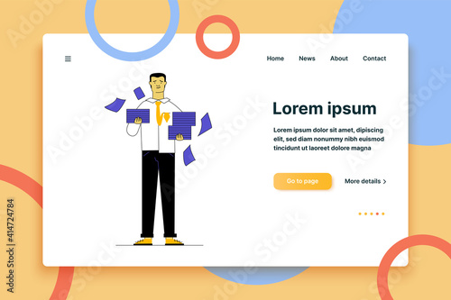 Unhappy manager with stacks of papers. Office worker holding heaps of documents flat vector illustration. Paperwork, bureaucracy concept for banner, website design or landing web page