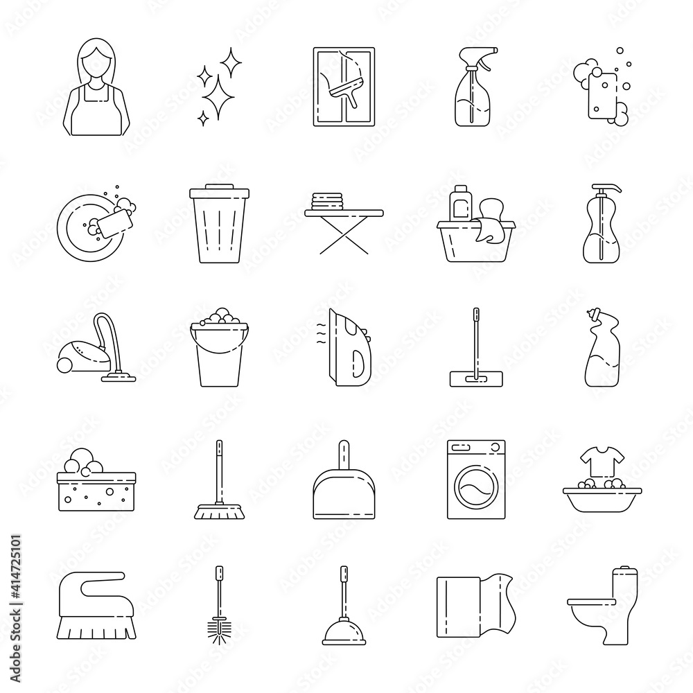 House cleaning service line art icon set. Vector illustration of flat signs in thin line style. Concept of Services for cleaning and laundry. House cleaning service line art icon set. Vector illustration of flat signs in thin line style. Concept of Services for cleaning and laundry.