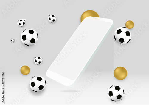 Realistic modern white smartphone isolated on white background with soccer balls. Phone perspective view.