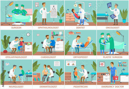 Set of scenes on the topic of study of symptoms and collection of patient data. Physician gives advice on caring for health of people. Doctor examines patient s condition, various medical specialties