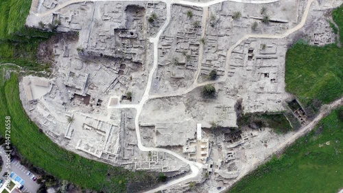 Tel Megiddo national park, Also known in Greek as Armageddon, A prophesied town for a battle during the end times, Aerial view.
 photo