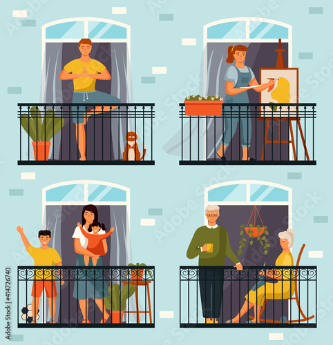 People enjoy clean air and view from the balcony. Mother stands with children, girl paints a picture, a man doing yoga, elderly couple. Persons stay at home, daily life routine, hobby time, relaxing