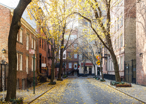 Colorful fall trees line Commerce Street in the historic West Village neighborhood of Manhattan, New York City © deberarr