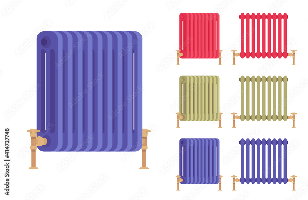 Steam radiator cast iron bright retro set for heating comfort. Equipment to  provide warm heat in house. Vector flat style cartoon illustration isolated  on white background, different colors and views Stock-vektor