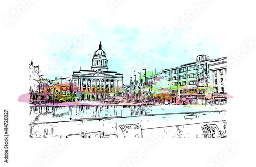 Building view with landmark of Nottingham is the
city in England. Watercolour splash with hand drawn sketch illustration in vector.