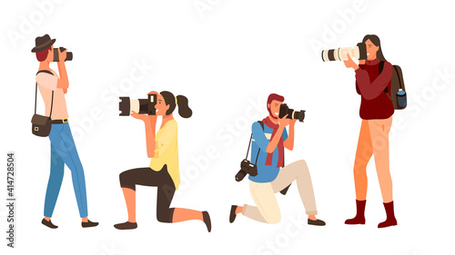 Professional man and woman with camera, shooting outdoor. Photographers set in casual clothes, male and female photographing, paparazzi equipment vector