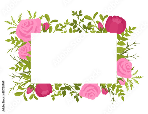 Floral spring rectangular frame, beautiful greenery and flower design. Invitations, wedding, rehearsal event beautiful decoration. Vector flat style cartoon illustration isolated on white background