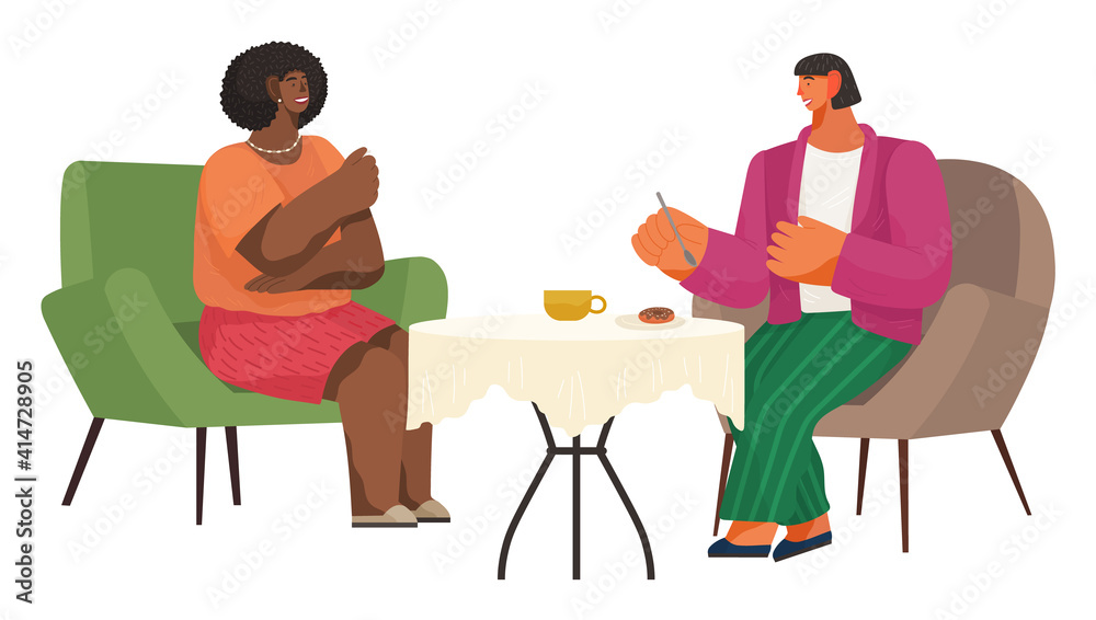 Tasty dinner at home vector illustration. Couple eating donut and drinking tea. Girlfriend and boyfriend sitting on couches cartoon characters. Joint nutrition isolated on the white background
