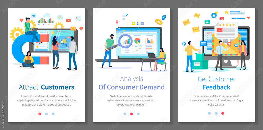 Set of illustrations on the topic of working with client and studying his behavior. Online marketing concept. Landing page with analytics data. Website layout illustration. Customer retention strategy Set of illustrations on the topic of working with client and studying his behavior. Online marketing concept. Landing page with analytics data. Website layout illustration. Customer retention strategy