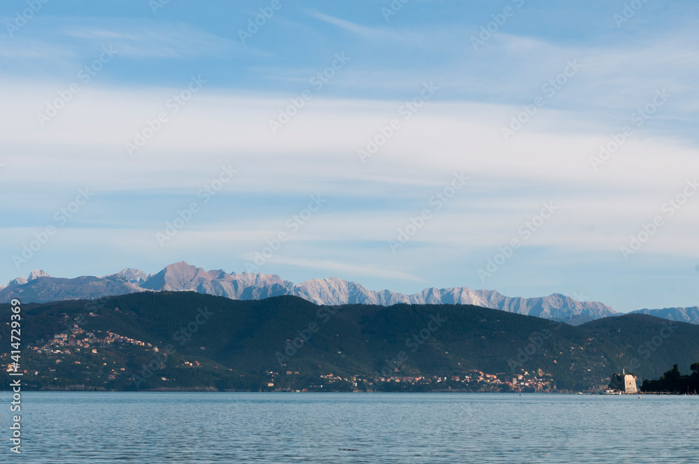 The Apuan Alps photographed from Portovenere, La Spezia inside the Gulf of Poets