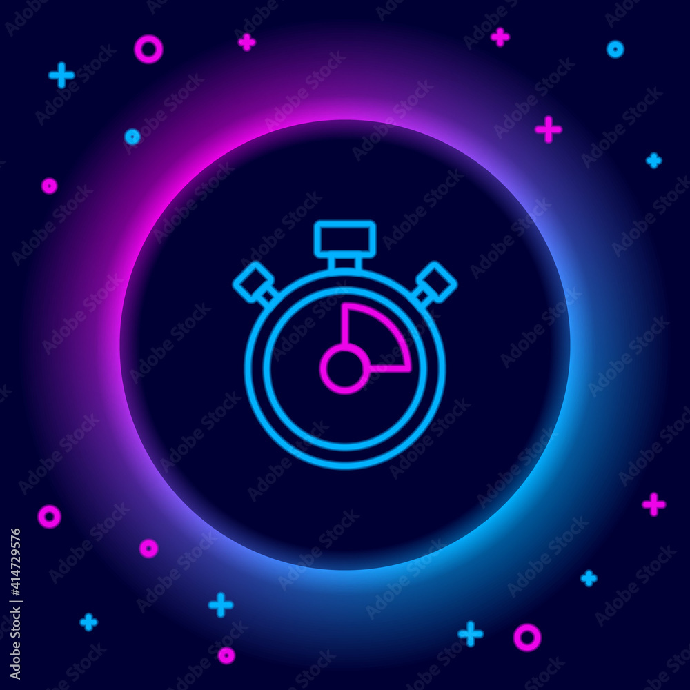 Glowing neon line Stopwatch icon isolated on black background. Time timer sign. Chronometer sign. Colorful outline concept. Vector.