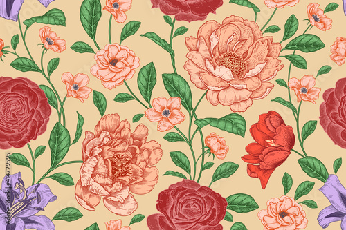 Fullcolor seamless pattern. Roses and peonies. Vector.