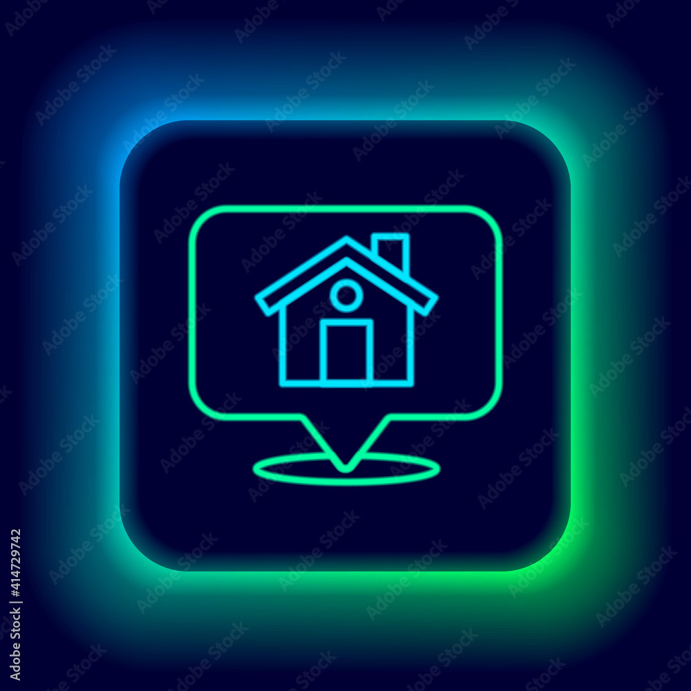 Glowing neon line Map pointer with house icon isolated on black background. Home location marker symbol. Colorful outline concept. Vector. Glowing neon line Map pointer with house icon isolated on black background. Home location marker symbol. Colorful outline concept. Vector.