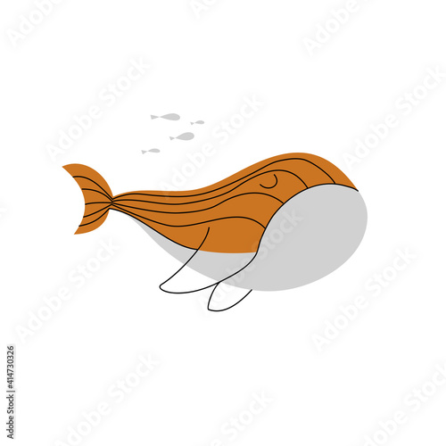Cute hand drawn nursery whale and small fishes in ocean. Vector kids illustration in scandinavian style with simple background. Funny cute children poster nordic