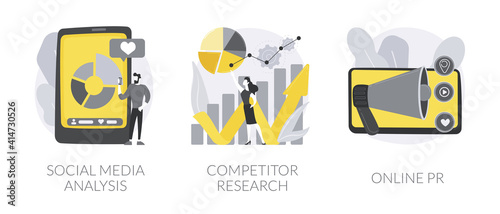 Digital marketing agency services abstract concept vector illustration set. Social media analysis, competitor research, online PR, digital advertising campaign, user profile abstract metaphor.