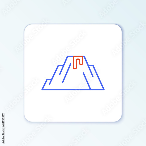 Line Volcano eruption with lava icon isolated on white background. Colorful outline concept. Vector.