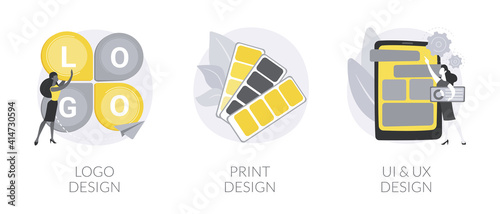 Design agency services abstract concept vector illustration set. Logo and print design, UI and UX, brand visual ID, business card, mobile app user interface and interaction abstract metaphor.