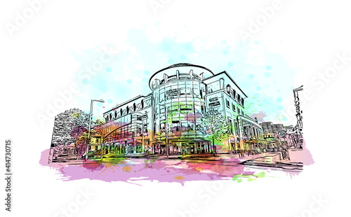 Building view with landmark of Nottingham is the
city in England. Watercolour splash with hand drawn sketch illustration in vector.