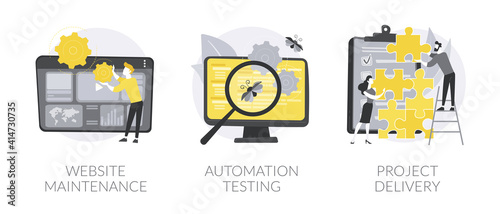 Web development and support abstract concept vector illustration set. Website maintenance, automation testing, project delivery, time and budget, security analysis and update abstract metaphor.