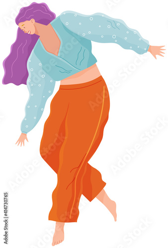 Cartoon female soaring and flying in the air dreaming person in movement pose isolated on white background. Woman floating in imagination dream. A girl flying in dreams or sky wearing casual clothes