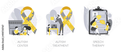 Kids with special needs help abstract concept vector illustration set. Autism treatment in learning disability center, speech therapy, development delay, behavior disorder analysis abstract metaphor.