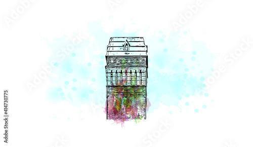 Building view with landmark of Nottingham is the
city in England. Watercolour splash with hand drawn sketch illustration in vector.