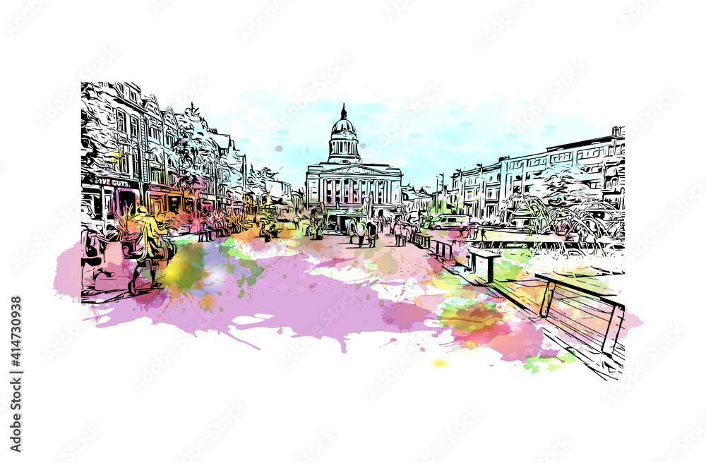 Building view with landmark of Nottingham is the
city in England. Watercolour splash with hand drawn sketch illustration in vector.