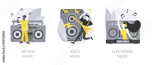 Music preference abstract concept vector illustration set. Hip-hop music, rock and electronic, night club party, outdoor festival, rave culture, DJ set, performance online abstract metaphor.