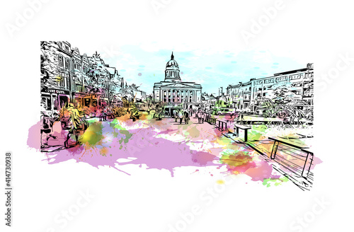 Building view with landmark of Nottingham is the
city in England. Watercolour splash with hand drawn sketch illustration in vector.