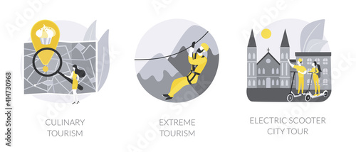 Authentic travel experience abstract concept vector illustration set. Culinary tourism, extreme sports, city tour, local cuisine, food festival, climbing mountains, sightseeing abstract metaphor.