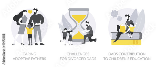 Father in family abstract concept vector illustration set. Caring adoptive fathers, challenges for divorced dads, contribution to childrens education, foster care, child custody abstract metaphor.