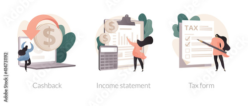 Financial balance documents abstract concept vector illustration set. Cashback service, income statement, tax form, reduce cost, corporate accounting service, online application abstract metaphor.