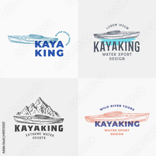Kayaking Abstract Signs, Symbols or Logo Templates Collection. Hand Drawn Kayak or Canoe Boat and Mountains Lanscape Sketch with Typography. Water Sports Vector Emblems Concept Bundle. Isolated