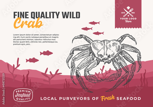 Fine Quality Organic Seafood. Abstract Vector Food Packaging Design or Label. Modern Typography and Hand Drawn Crab and Fishes Silhouettes. Sea Bottom Landscape Background Layout with Banner