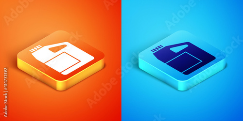 Isometric Canister for motor machine oil icon isolated on orange and blue background. Oil gallon. Oil change service and repair. Engine oil sign. Vector.