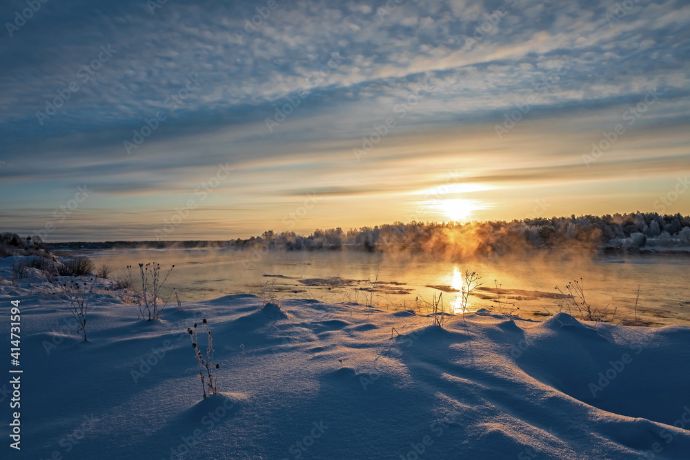 Winter morning on the Velikaya River, Pskov region, Russia