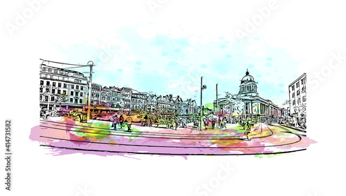 Building view with landmark of Nottingham is the
city in England. Watercolour splash with hand drawn sketch illustration in vector.