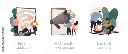 Living online abstract concept vector illustration set. Internet addiction, social media news and tips, low tech parenting, digital overload, screen time limits, internet overuse abstract metaphor.