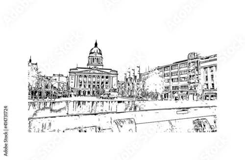 Building view with landmark of Nottingham is the
city in England. Hand drawn sketch illustration in vector.