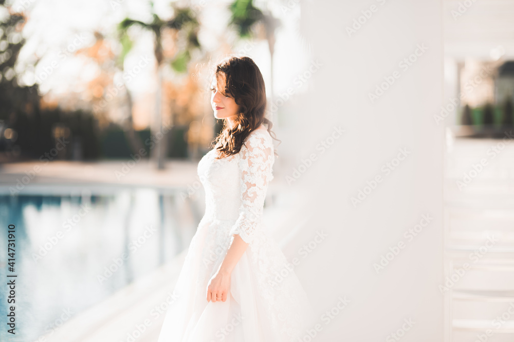 Beautiful fashion bride in wedding dress posing