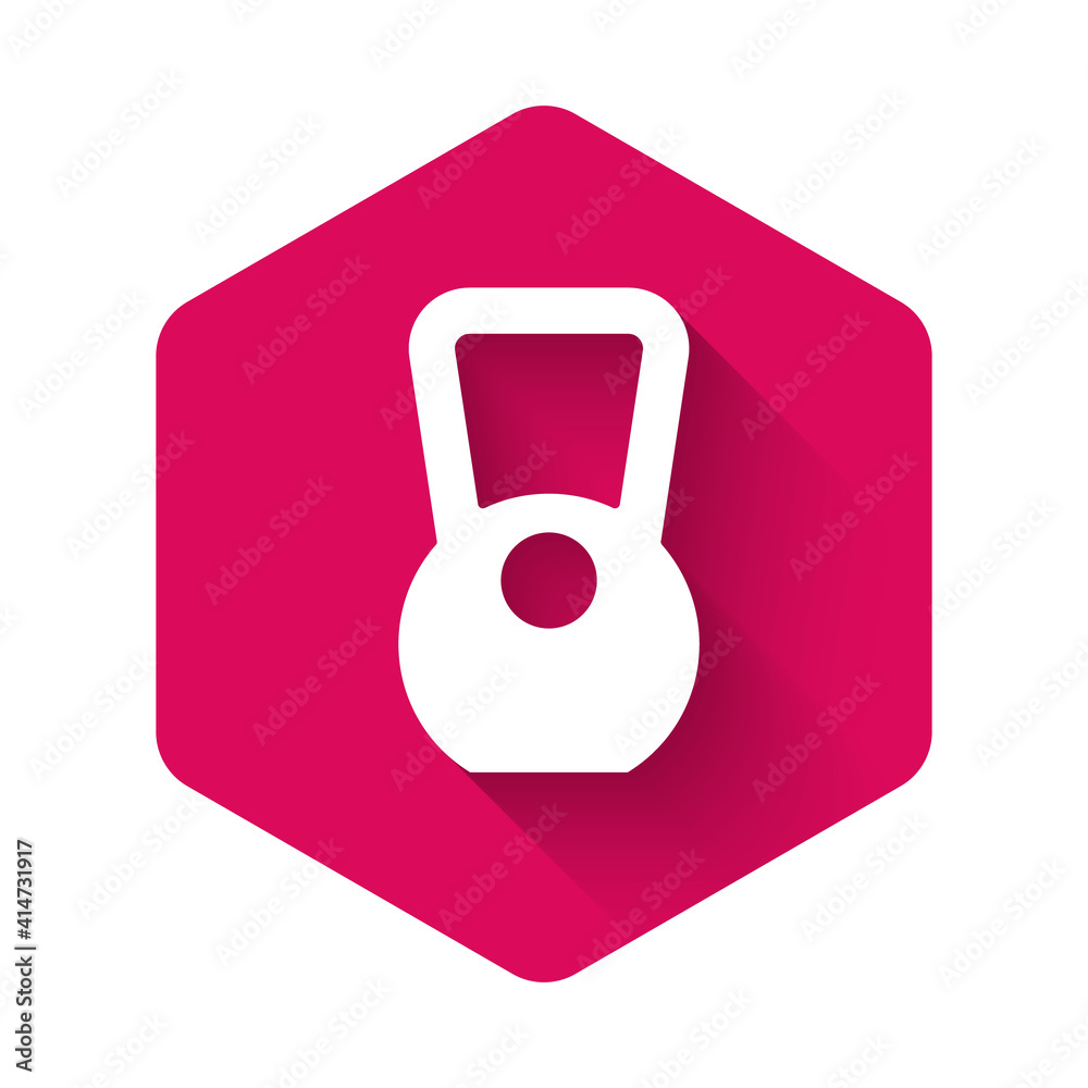 White Kettlebell icon isolated with long shadow background. Sport equipment. Pink hexagon button. Vector. White Kettlebell icon isolated with long shadow background. Sport equipment. Pink hexagon button. Vector.