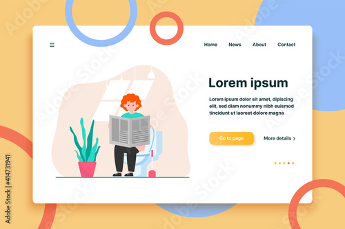 Red-haired guy sitting in toilet and reading newspaper. News, lavatory, bathroom flat vector illustration. Relieving nature and relaxing concept for banner, website design or landing web page